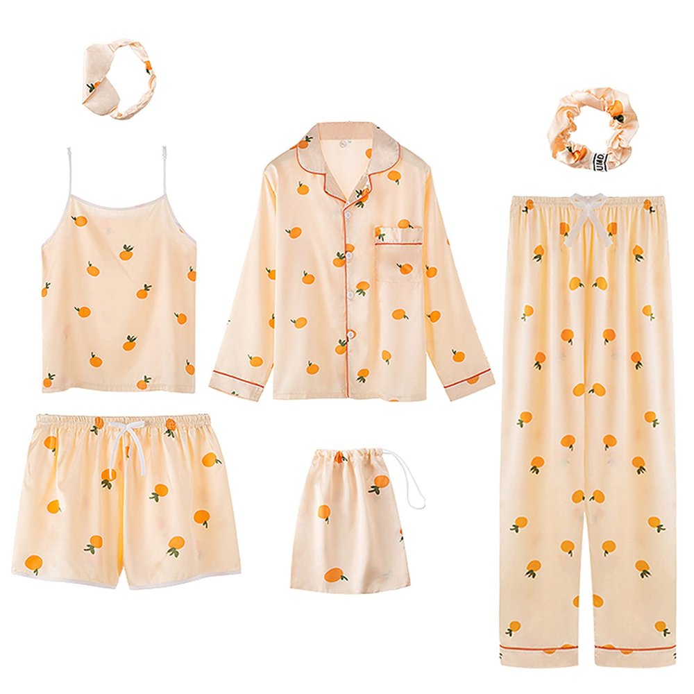 ANUFER Womens 7PCS Satin Pajama Set Spring Summer Autumn Tops & Pants Shorts Sleepwear Orange SN07655 L