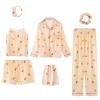 ANUFER Womens 7PCS Satin Pajama Set Spring Summer Autumn Tops & Pants Shorts Sleepwear Orange SN07655 L view 1