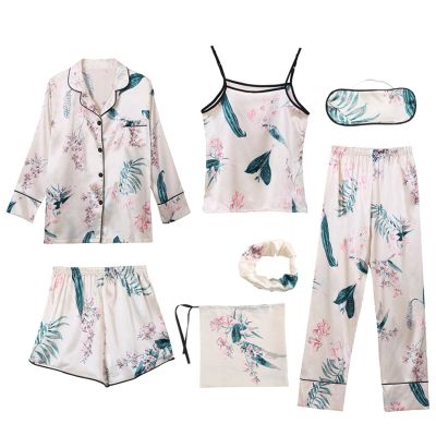 ANUFER Womens 7PCS Satin Pajama Set Spring Summer Autumn Tops & Pants Shorts Sleepwear Flower C SN07655 L