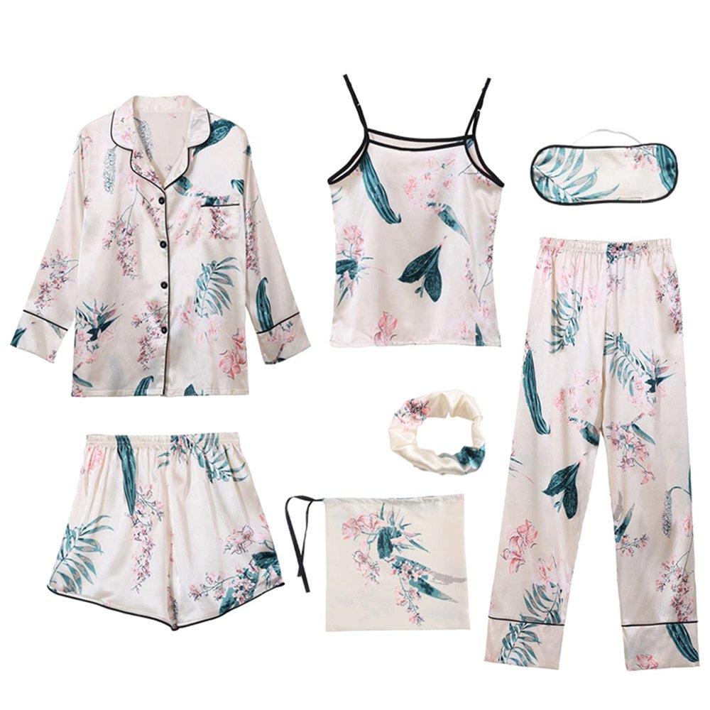 ANUFER Womens 7PCS Satin Pajama Set Spring Summer Autumn Tops & Pants Shorts Sleepwear Flower C SN07655 L