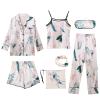 ANUFER Womens 7PCS Satin Pajama Set Spring Summer Autumn Tops & Pants Shorts Sleepwear Flower C SN07655 L view 1