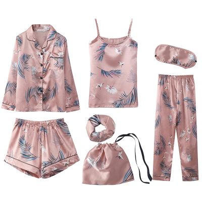 ANUFER Womens 7PCS Satin Pajama Set Spring Summer Autumn Tops & Pants Shorts Sleepwear Crane SN07655 XL