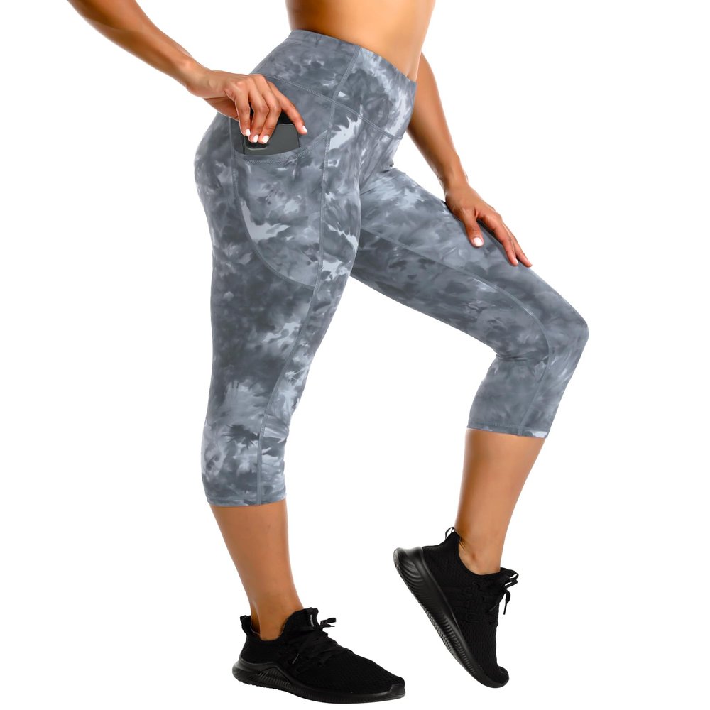 Stelle Capri Leggings for Women, Yoga Capris with Pockets High Waisted Legging for Gym Workout(Nylon-Tie Dye Black,XL)
