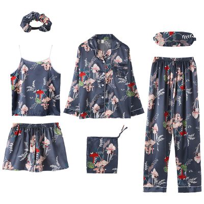 ANUFER Womens 7PCS Satin Pajama Set Spring Summer Autumn Tops & Pants Shorts Sleepwear Mushroom SN07655 XL