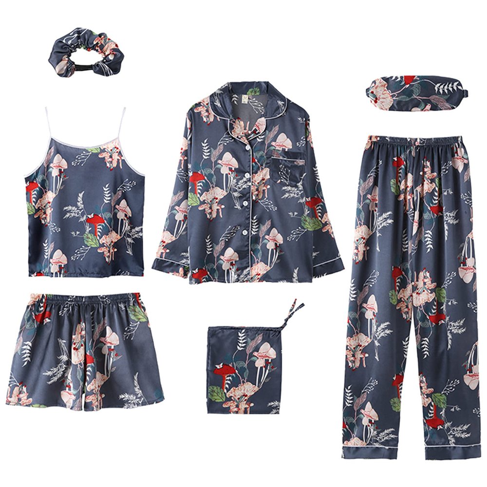 ANUFER Womens 7PCS Satin Pajama Set Spring Summer Autumn Tops & Pants Shorts Sleepwear Mushroom SN07655 XL