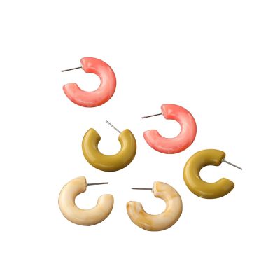 3Pairs Resin Candy Color C-shaped Grid Hoop Earrings Set Lightweight Colorful Ecetate Acrylic Statement Earrings for Women Vintage Geometric Round Circle Jewelry-A pink