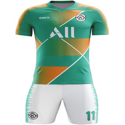ORKY Men Custom Soccer Jersey with Short, Women Personalize Name Number Shirt, Kids School Team Uniform(Green Orange 110cm)