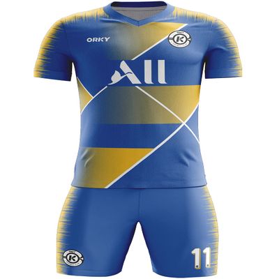 ORKY Men Custom Soccer Jersey with Short, Women Personalize Name Number Shirt, Kids School Team Uniform(Blue Yellow 150cm)