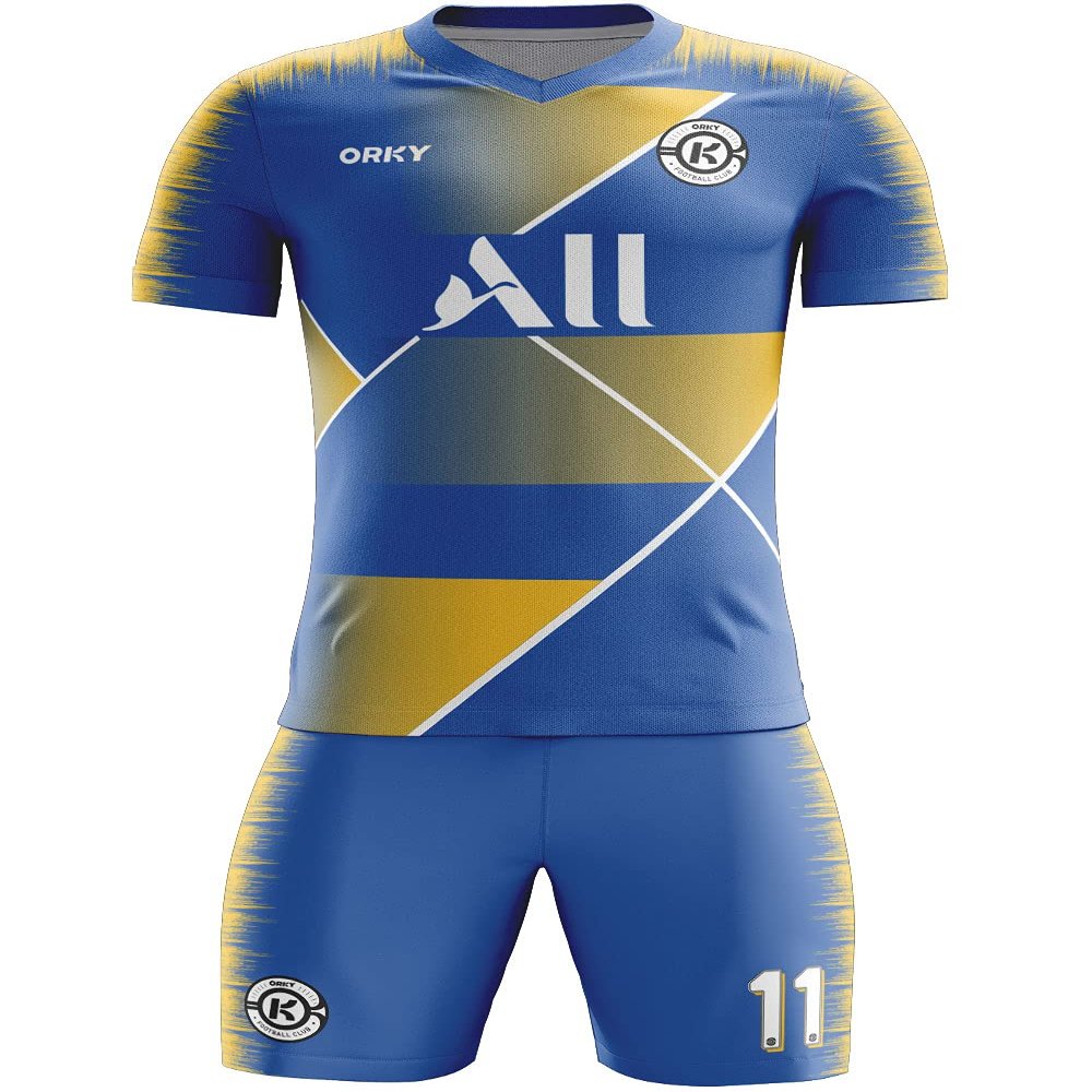 ORKY Men Custom Soccer Jersey with Short, Women Personalize Name Number Shirt, Kids School Team Uniform(Blue Yellow 150cm)