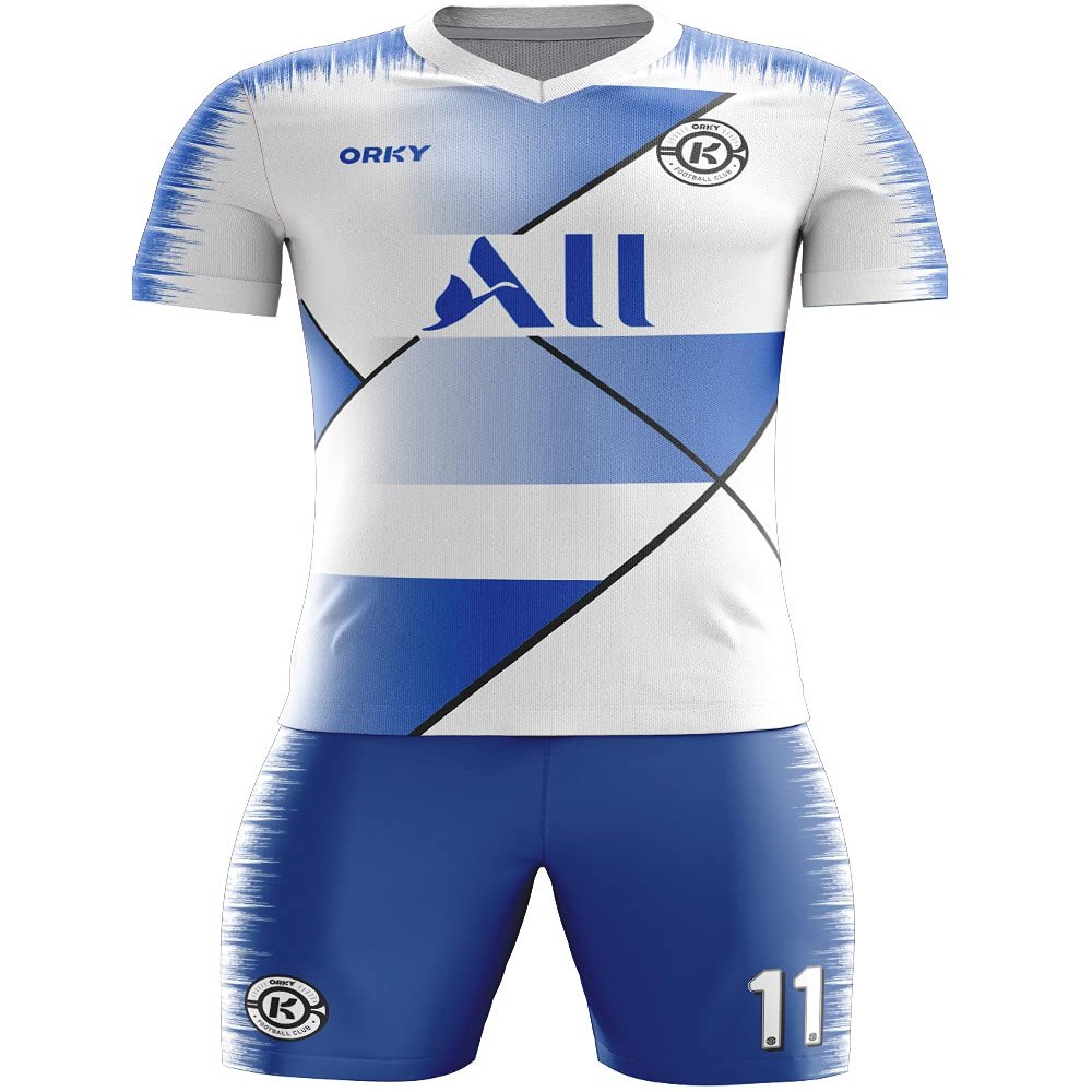 ORKY Men Custom Soccer Jersey with Short, Women Personalize Name Number Shirt, Kids School Team Uniform(Blue White 140cm)