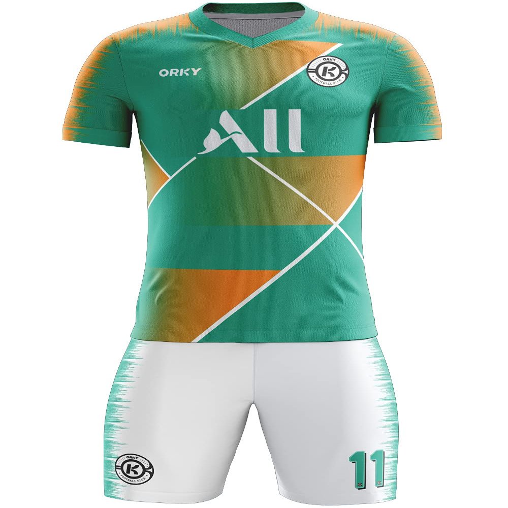 ORKY Men Custom Soccer Jersey with Short, Women Personalize Name Number Shirt, Kids School Team Uniform(Green Orange 120cm)
