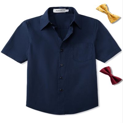 Aimehonpe Boys Button Down Dress Shirt Short Sleeve Bow Tie Set Cotton Solid Uniform, Navy, Large