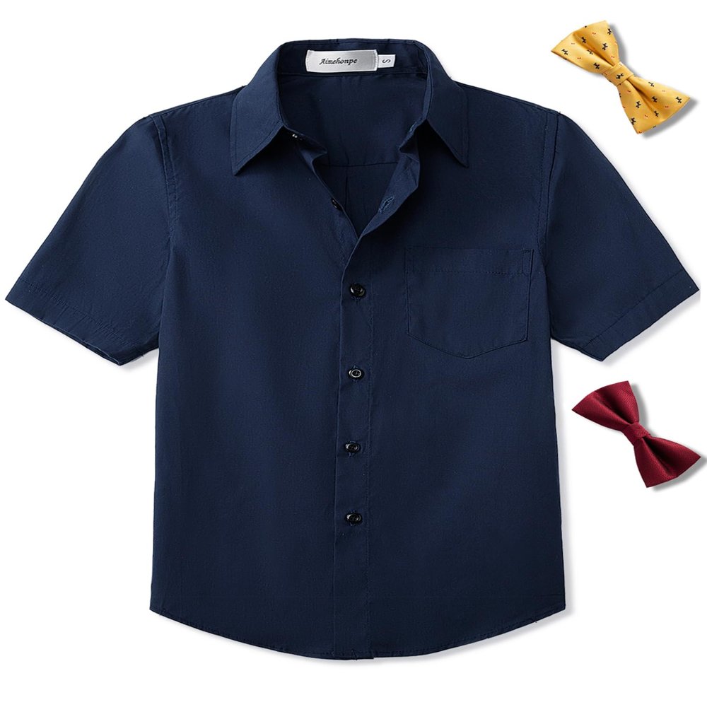Aimehonpe Boys Button Down Dress Shirt Short Sleeve Bow Tie Set Cotton Solid Uniform, Navy, Large