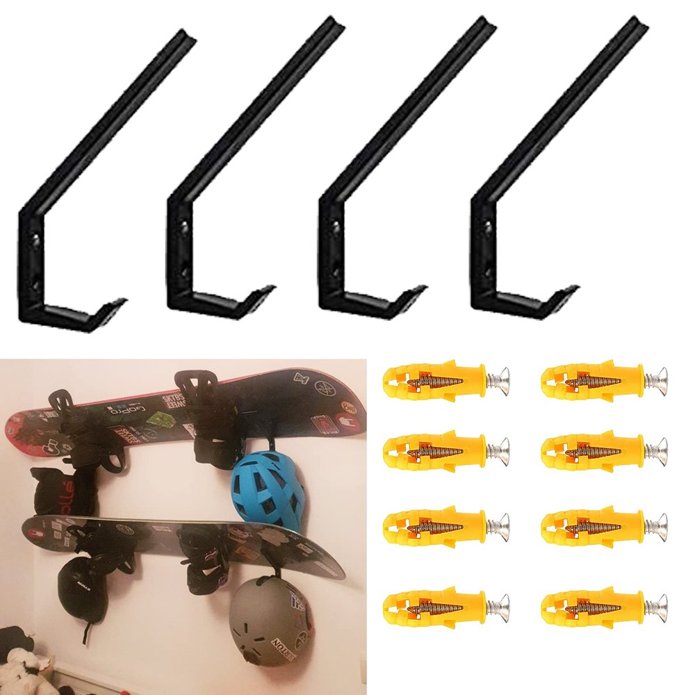 Multi-Purpose Home Storage Wall Mount Holder Hanger Snowboard Display Wall Rack, Fit Snowboard, Longboard and Helmets, to Safely Store Most Sports Gear - Easy to Install, Hardware Included - 4/PK