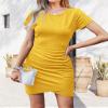 BTFBM Womens Summer Dresses 2026 Casual Bodycon Mini Dress Short Sleeve Crew Neck Mini Ruched Spring Beach Vacation Outfits(Yellow, Small) view 4