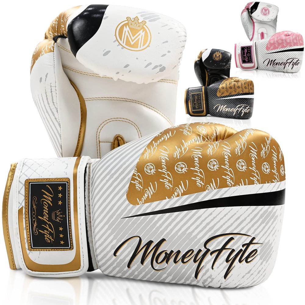 Boxing Gloves for Men & Women - Boxing, Kickboxing, Muay Thai, MMA, Training & Sparring - Punching Bag & Heavy Bag Gloves - MoneyFyte (White/Gold, 12 oz)