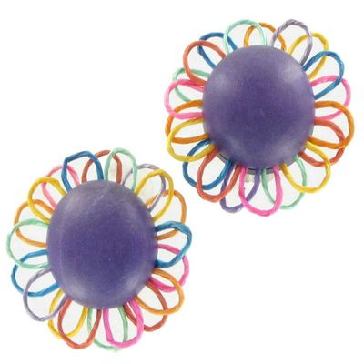 Purple Flower Wood Thread Clip On Button Earrings 1 1/2" charm original