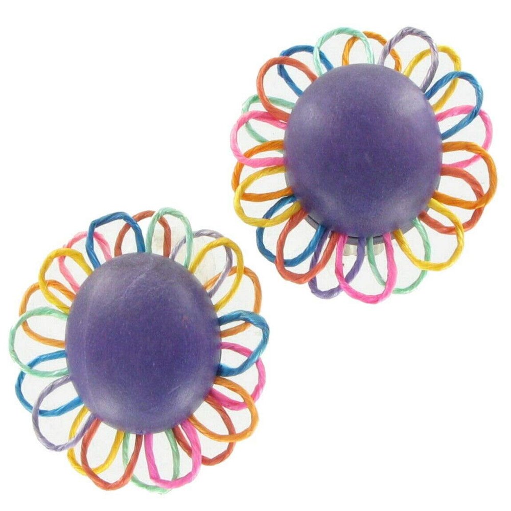 Purple Flower Wood Thread Clip On Button Earrings 1 1/2" charm original