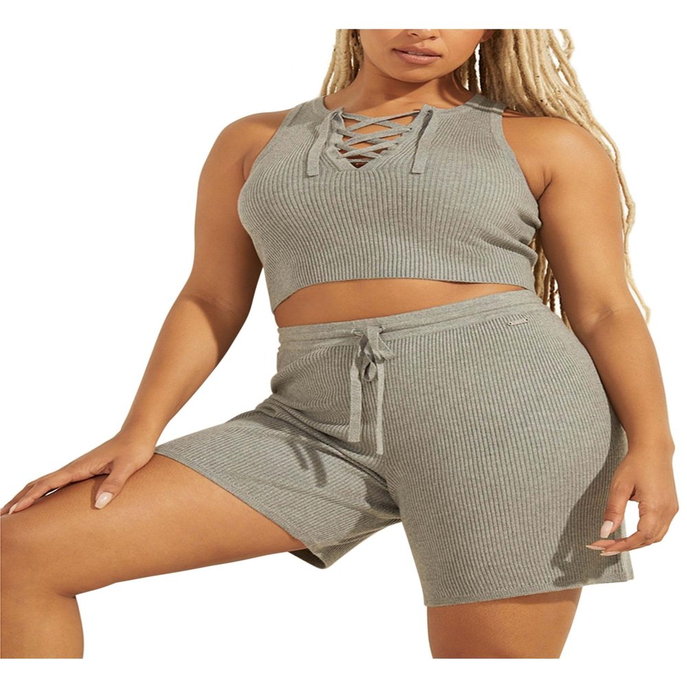 GUESS Women's Sleeveless Sydney Lace-Up Sweater, Light Heather Grey Multi, Extra Large