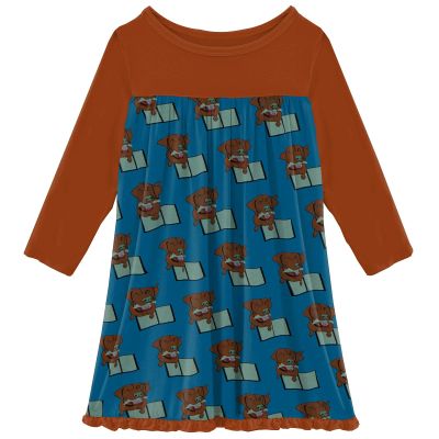 KicKee Print Long Sleeve Swing Dress for Girls, Soft Girl Clothes, Baby and Kid (Cerulean Blue Dog Ate My Homework - S-6/8)