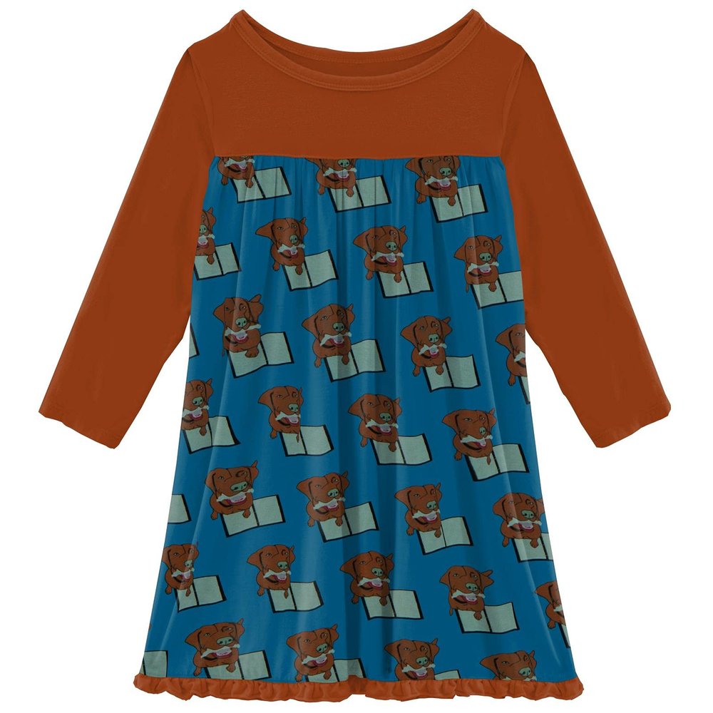 KicKee Print Long Sleeve Swing Dress for Girls, Soft Girl Clothes, Baby and Kid (Cerulean Blue Dog Ate My Homework - S-6/8)