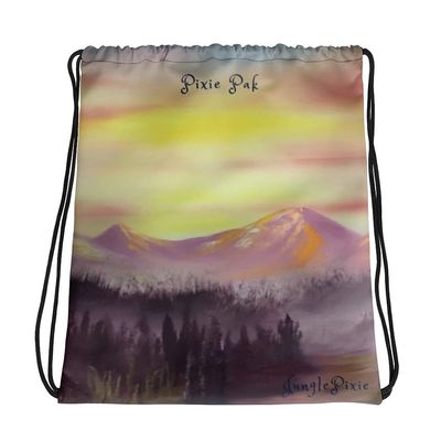 Golden Sunrise on Mountains Painting Collection print, Drawstring bag