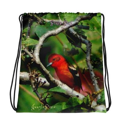 Jungle Pixie Red Bird Panama Collection print, Drawstring bag