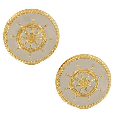 Cream White Enamel Captain Wheel Gold Tone Nautical Clip On Button Earrings 1" charm original