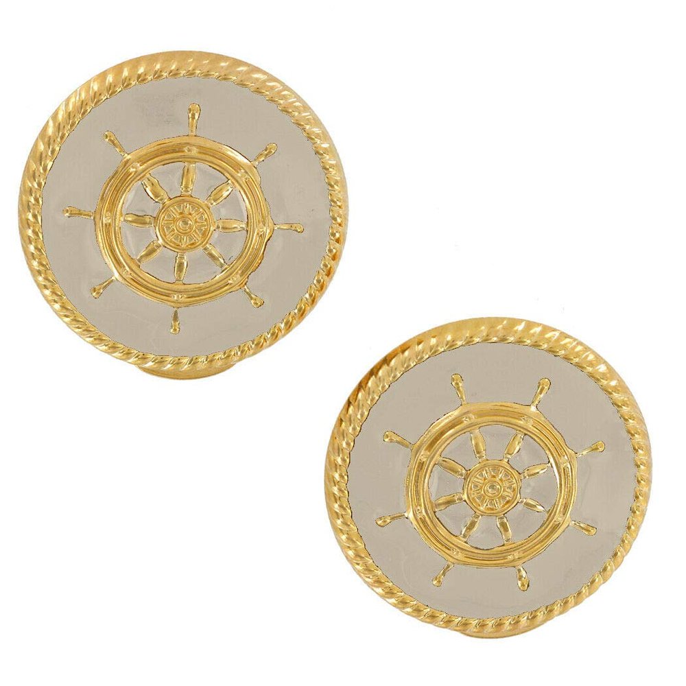 Cream White Enamel Captain Wheel Gold Tone Nautical Clip On Button Earrings 1" charm original