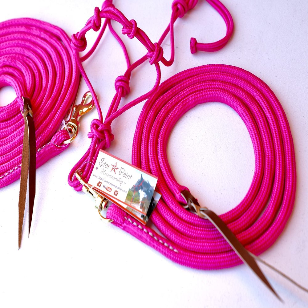 Star Point Horsemanship Mini-Pony 4 Knotted Rope Halter & 8' Lead Set (Raspberry, Medium 32-36" Mini)