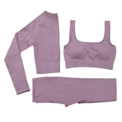 Yoga Set Ribbed Seamless Sport Suit Workout Clothes for Women Long Sleeve Gym Crop Top High Waist Leggings Fitness Set (Color : 3PC DARK PURPLE, Size : Medium)