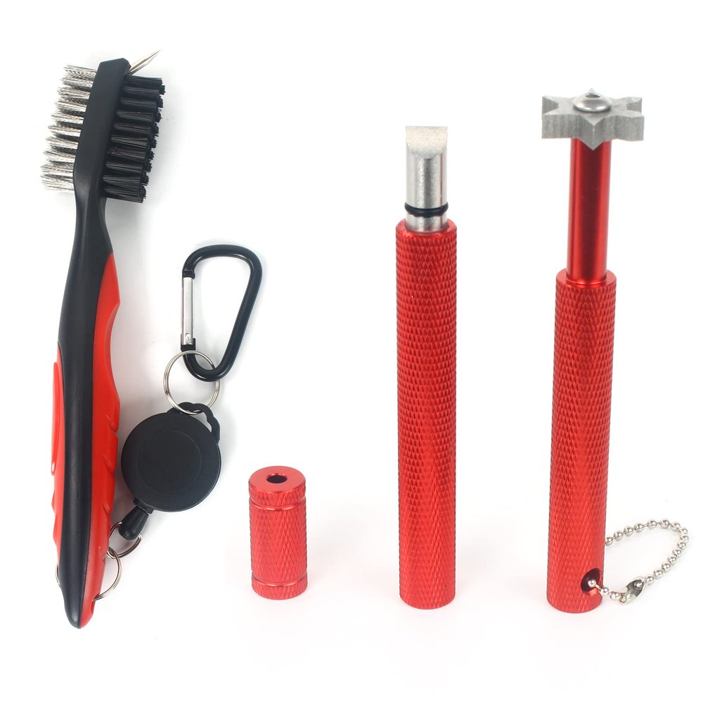 VIPMOON Golf Club Cleaner Kit, 2 Pcs Groove Sharpener Regrooving Tool and 1 Pcs Retractable Club Cleaner Brush, Portable Groove Sharpener Tool for All Golf Irons for Men (Red)