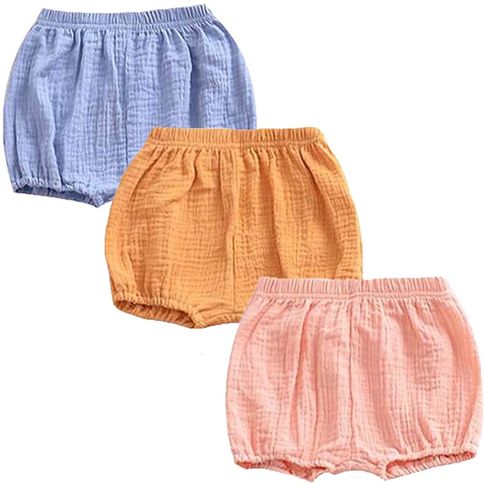 EISHOW 3 Pack Infant Baby Soft Ruffle Shorts Bloomer Kids Boy Girl Solid Cotton Linen Blend Cute Harem Bottom Pants