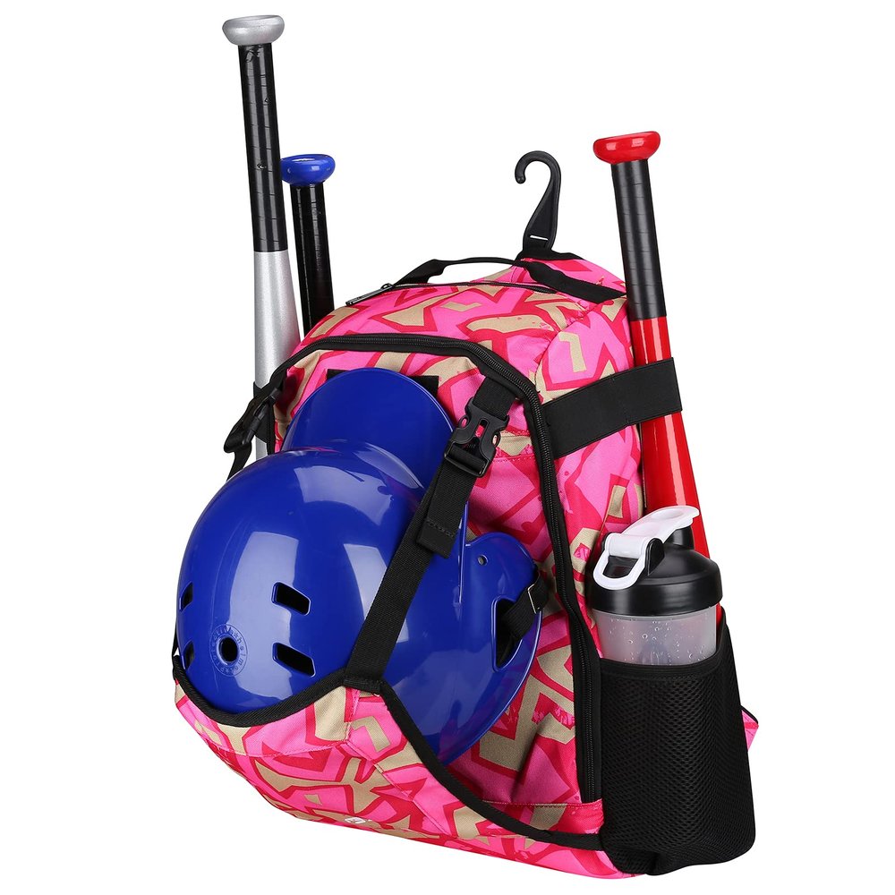 ZOEA Baseball Bat Bag Backpack, T-Ball & Softball Equipment & Gear for Youth, Large Capacity Holds 2 Bats, Helmet, Gloves, Cleats, Helmet Holder and Includes Fence Hook (Pink)