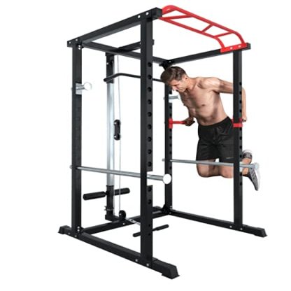 NineFit Basics Olympic Squat Cage 1000 lb Weight Capacity Included with LAT Pulldown Pulley System, Dip Bars, and Pulley attachments