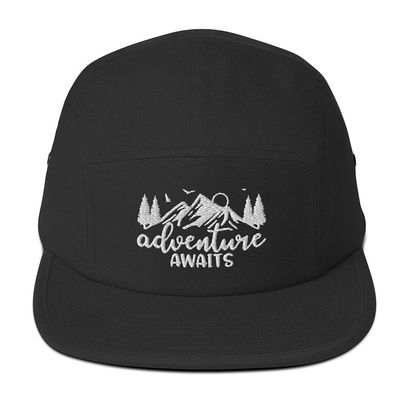 Adventure Awaits Mountains Camping Vacation Embroidered Five Panel Cap Hat Black