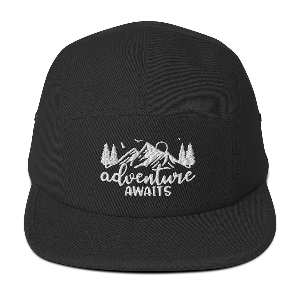 Adventure Awaits Mountains Camping Vacation Embroidered Five Panel Cap Hat Black