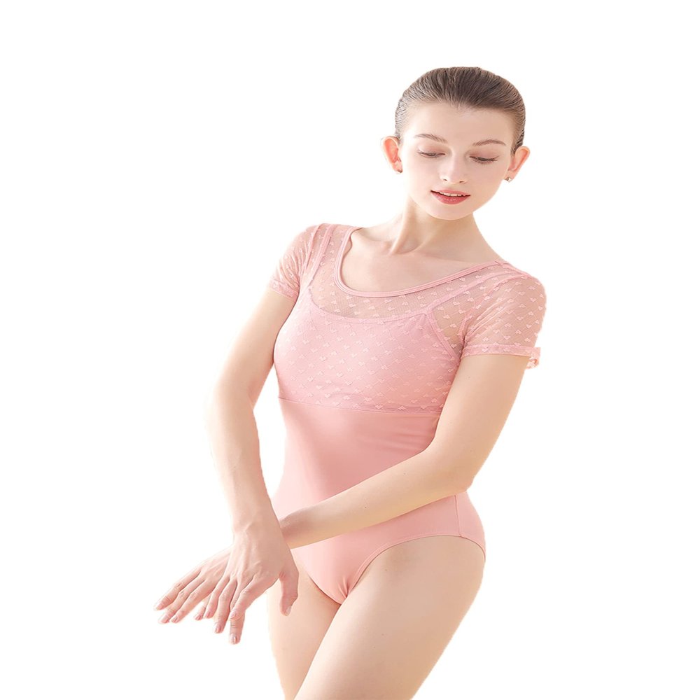 Daydance Pink Big Girls Dance Leotards Lace Short Sleeve Ballet Outfits for Practice