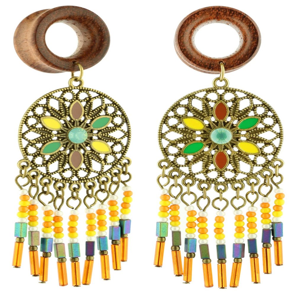 Balala 9/16 inch 14mm Colorful Beads Tassel Wood Dangle Ear Gauges Piercing Flesh Tunnels Plugs Statement Earrings