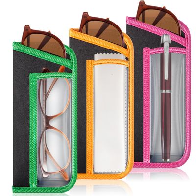 TRIUMPH VISION 3 Pack Reading Glasses Pouch - Soft Eyeglasses Bag Portable Cloth Eyewear Case with Pocket for Double Frames