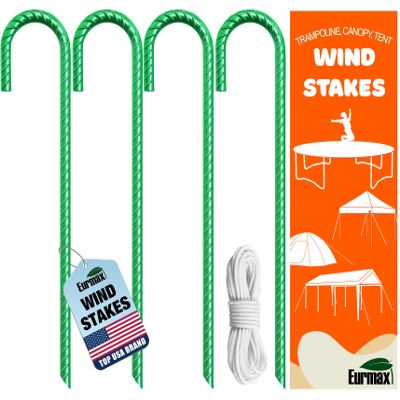 Eurmax USA Trampolines Stakes Heavy Duty Ground Stakes Canopy Parts Wind Stake with Rope 12 Inch Heavy Duty Stake Safety Ground Anchor Galvanized Steel J Shaped, Pack of 4(Green)