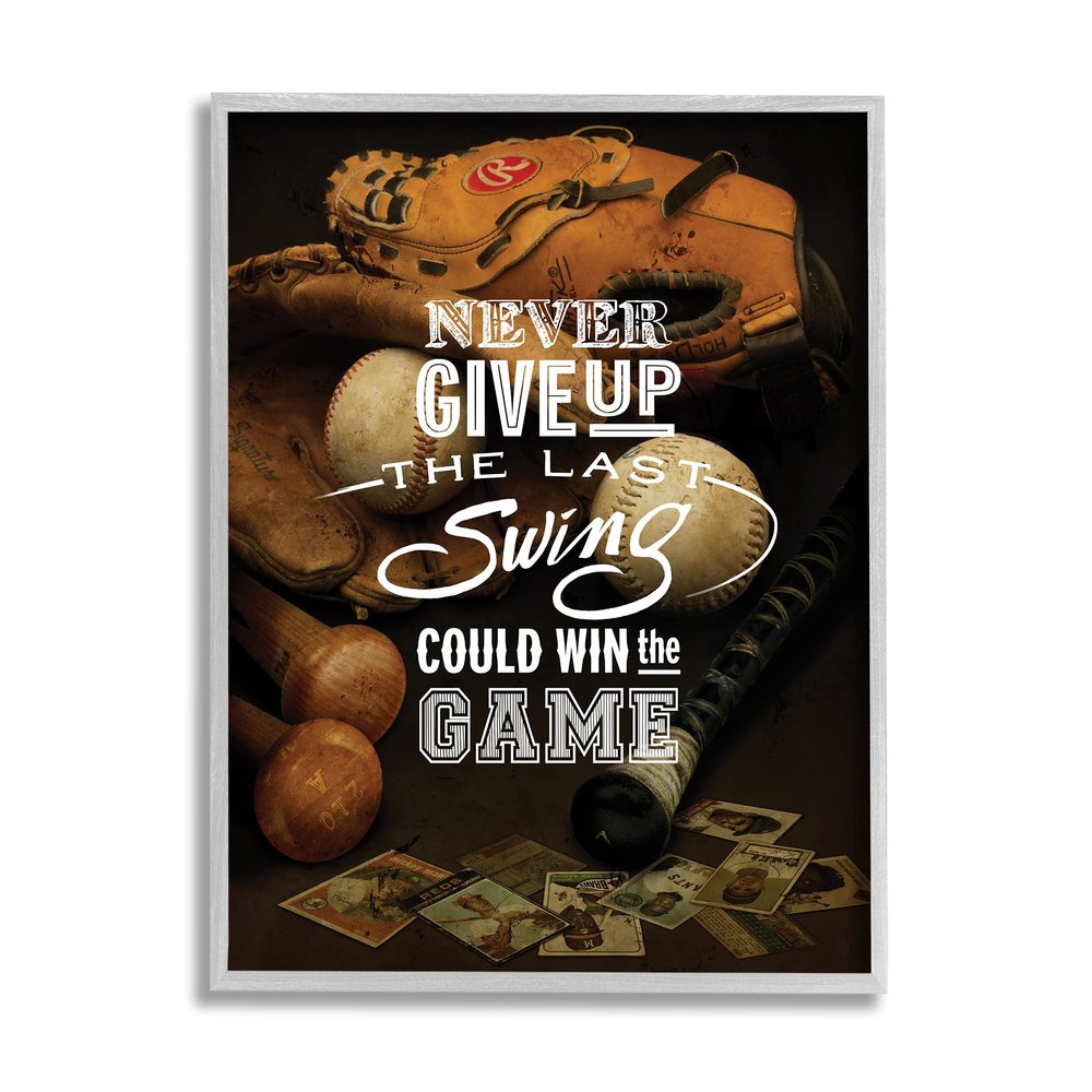 Stupell Industries Never Give Up Phrase Baseball Cards Glove Bat