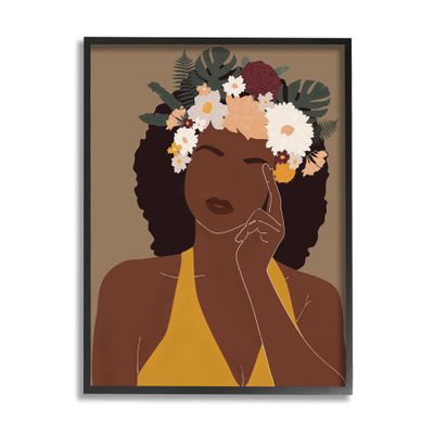'Female Pondering Tropical Floral Crown'| Framed Giclee Art