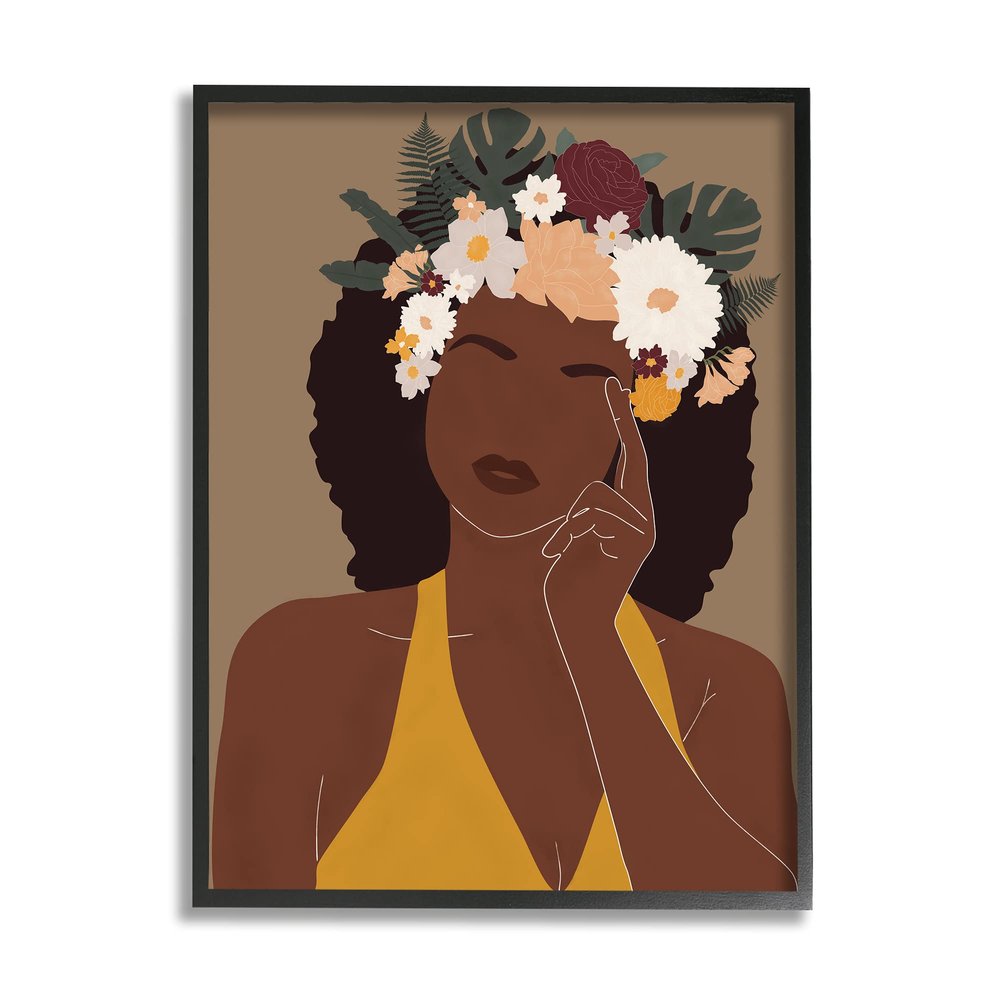 'Female Pondering Tropical Floral Crown'| Framed Giclee Art