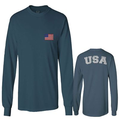 0088. Vintage American Flag United States USA Fonts Graphic 4th of July Memorial Military Patriotic Style Men's Long Sleeve t Shirt (Indigo Blue Small)