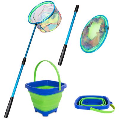 Telescopic Kids Fishing Net with Aluminum Pole Handle, Collapsible Bucket Sand Pail, Butterfly Net for Outdoor Play (Blue)