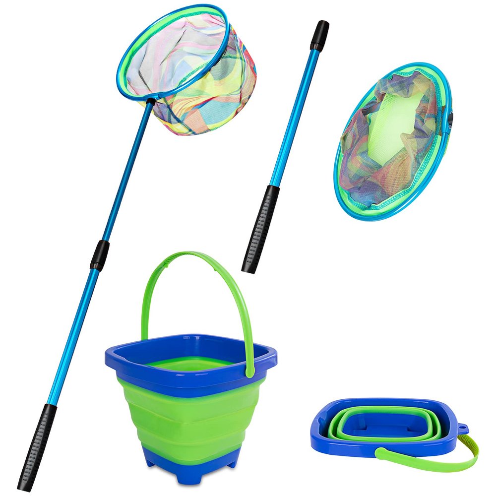 Telescopic Kids Fishing Net with Aluminum Pole Handle, Collapsible Bucket Sand Pail, Butterfly Net for Outdoor Play (Blue)