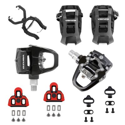 Venzo Compatible with Shimano SPD-SL & Shimano SPD System for Indoor Fitness Exercise Bike Bicycle Pedals & Cleats with 9/16" Heavy Duty Spindles Sealed Bearing - Pedals + Cages + Tool