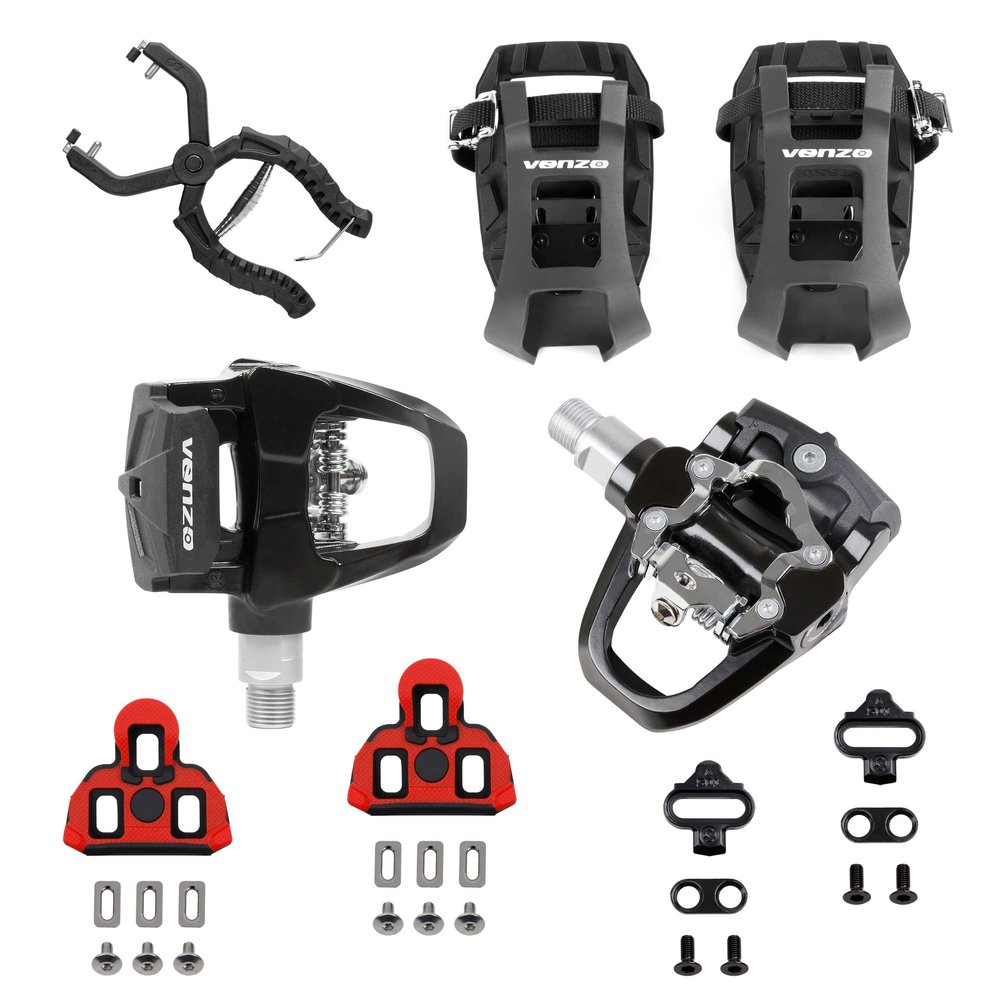 Venzo Compatible with Shimano SPD-SL & Shimano SPD System for Indoor Fitness Exercise Bike Bicycle Pedals & Cleats with 9/16" Heavy Duty Spindles Sealed Bearing - Pedals + Cages + Tool
