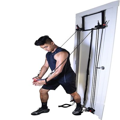 Tower 200  Complete Door Gym Full Body Workout | Home Gym Fitness Exercise Total Body Strength Training Includes Heavy Duty Resistance Bands, Straight Bar, 2x Hand Grips, 2x Ankles Straps, DVD, Chart